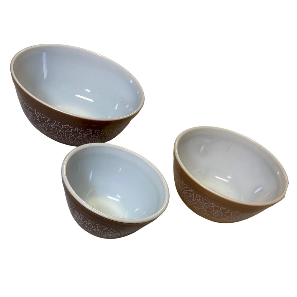 Vintage Pyrex Woodland Brown Floral Nesting Mixing Bowl Set‎ 401 402 403 USA